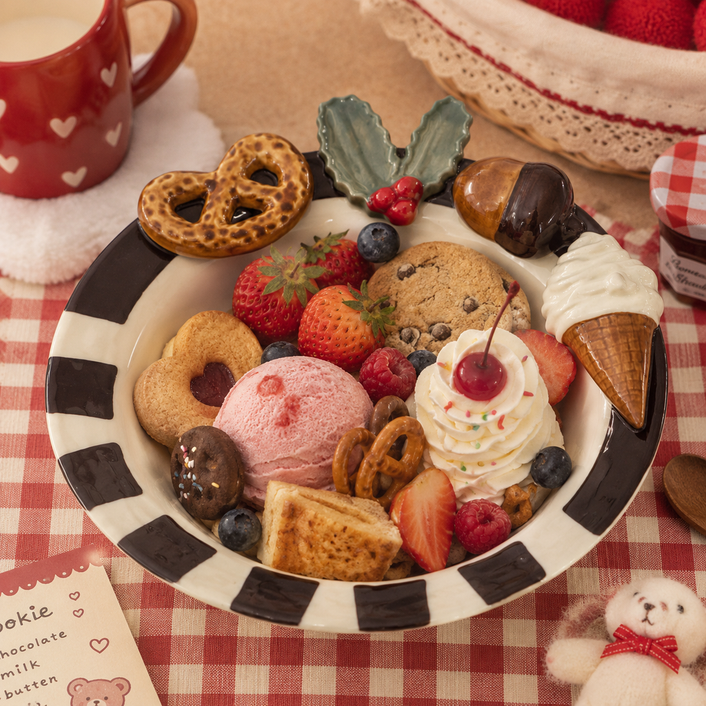 Ceramic deep plate served with ice cream, cookies, strawberries, berries, and sweet treats
