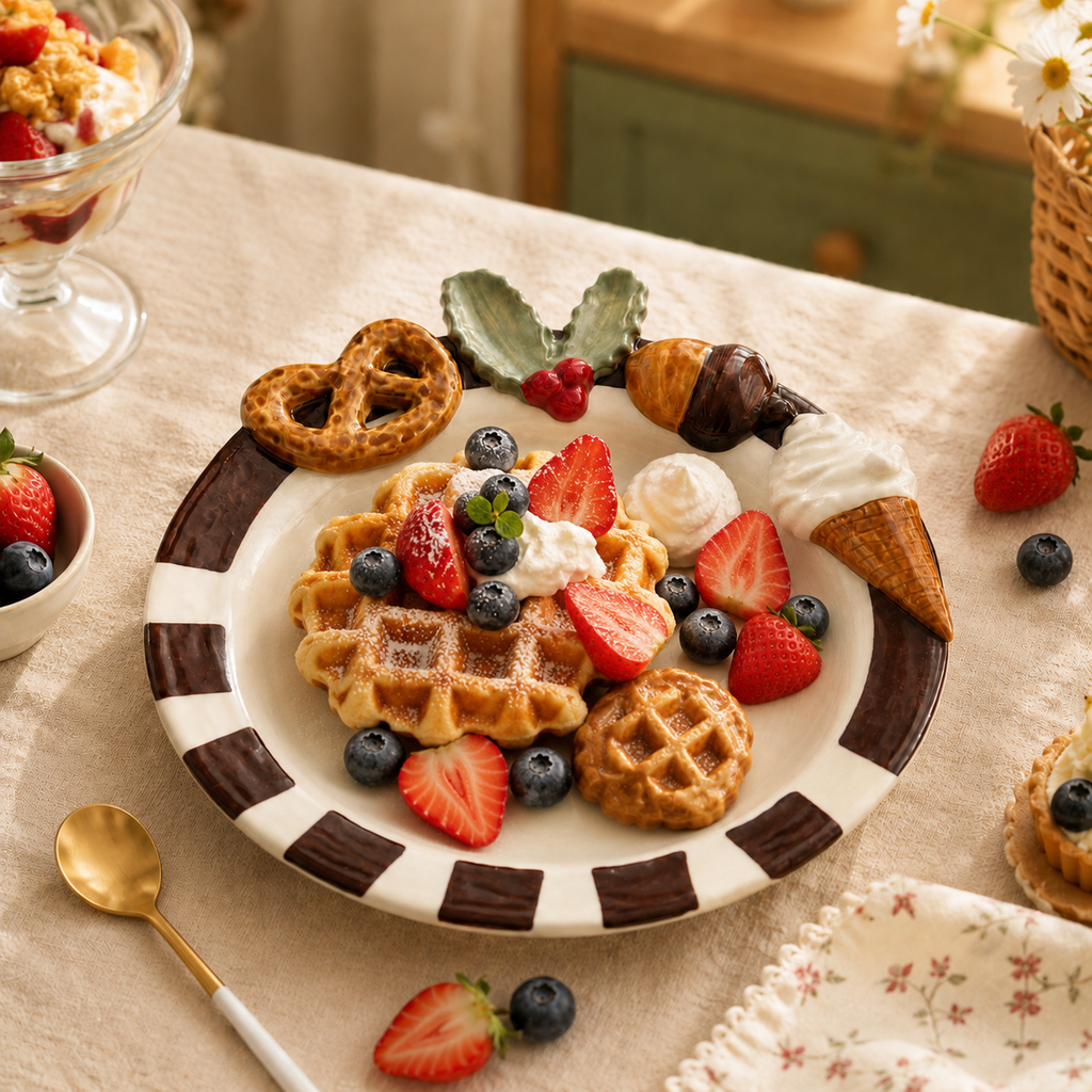Whimsical ceramic deep plate served with waffles, strawberries, blueberries, and cream
