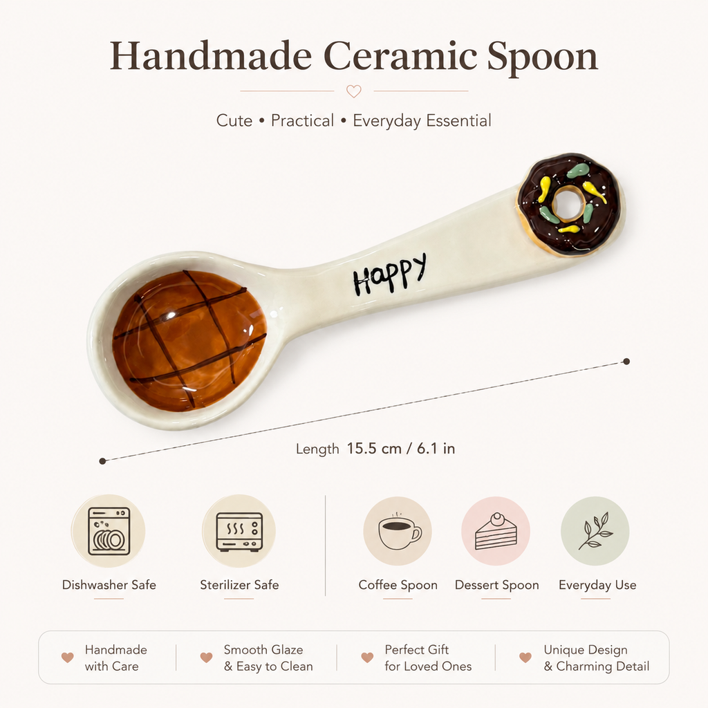 6.1 inch handmade donut ceramic spoon for coffee, desserts and everyday use