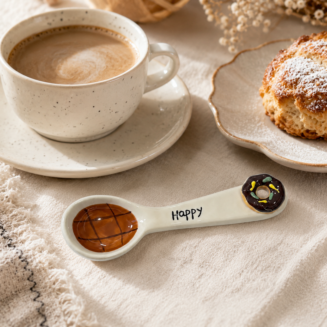 Donut ceramic spoon styled beside coffee and a pastry