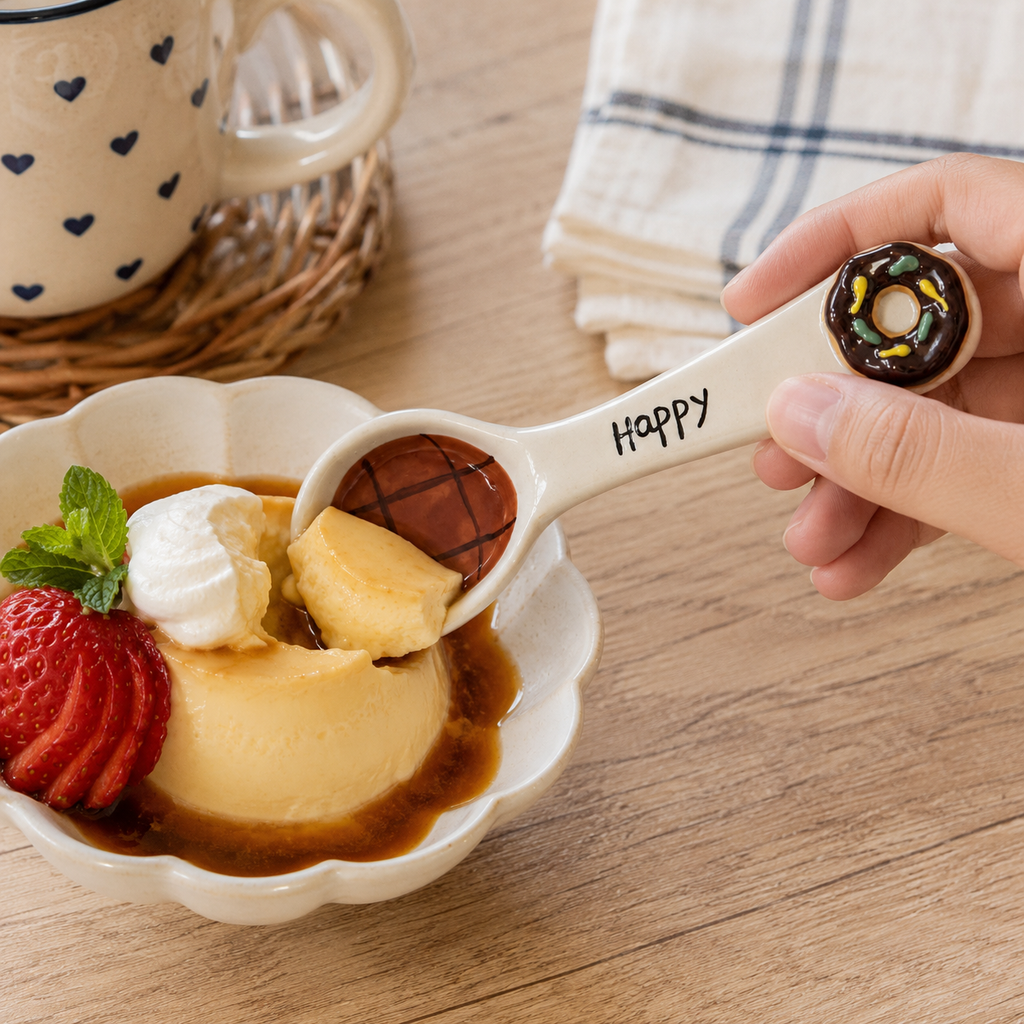 Handmade donut ceramic dessert spoon serving caramel pudding