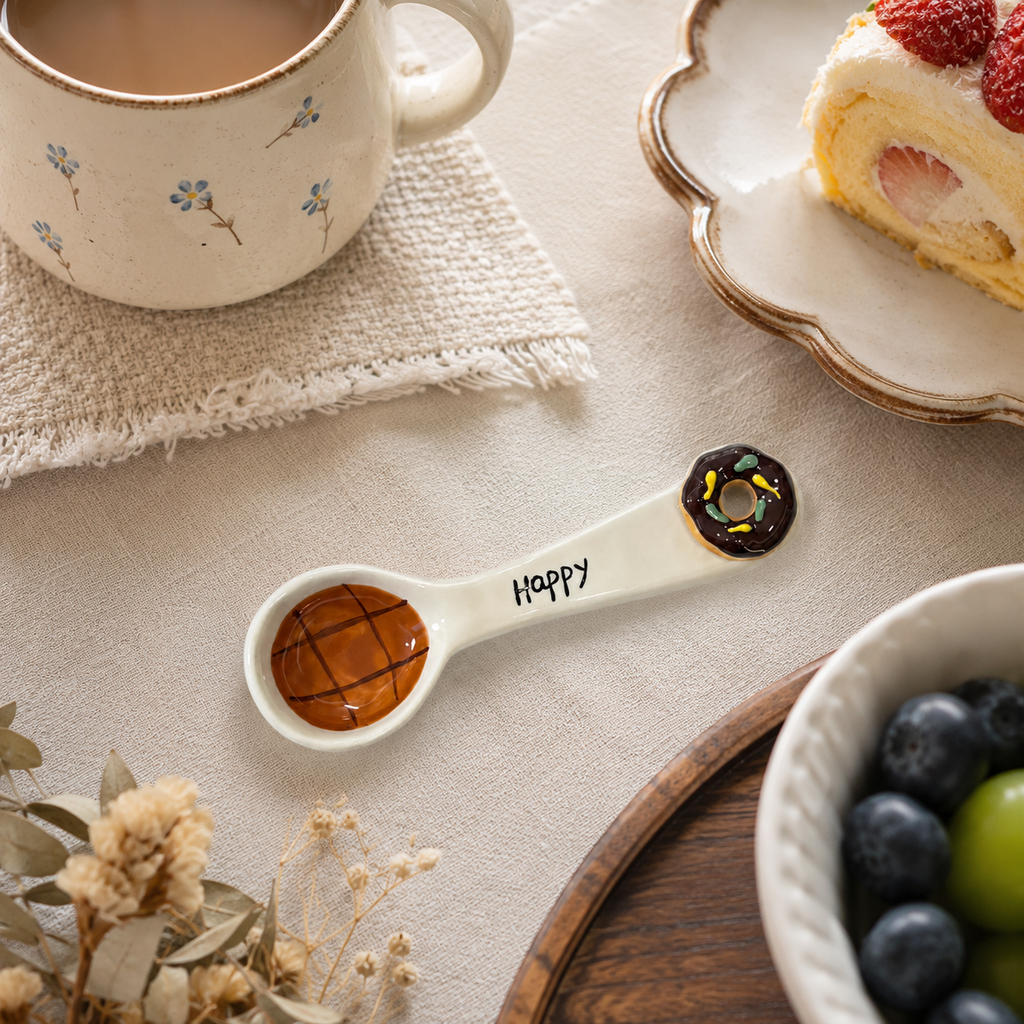 Donut ceramic spoon styled with coffee, cake and fresh fruit