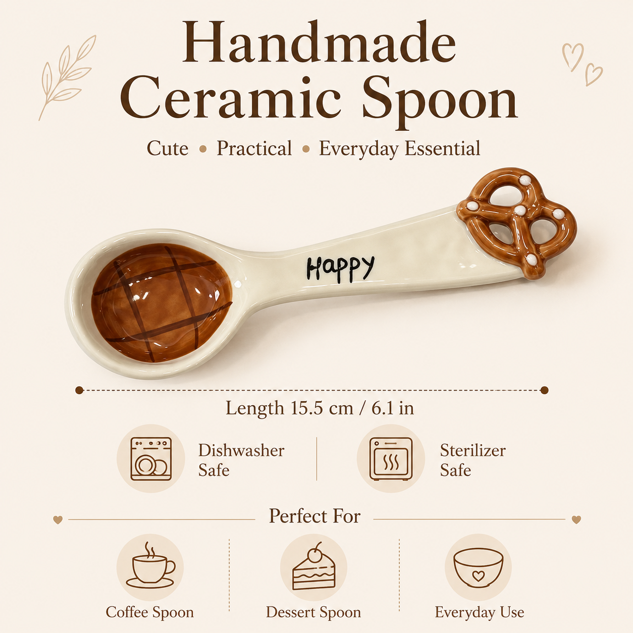 6.1 inch handmade ceramic spoon with pretzel accent for coffee and desserts