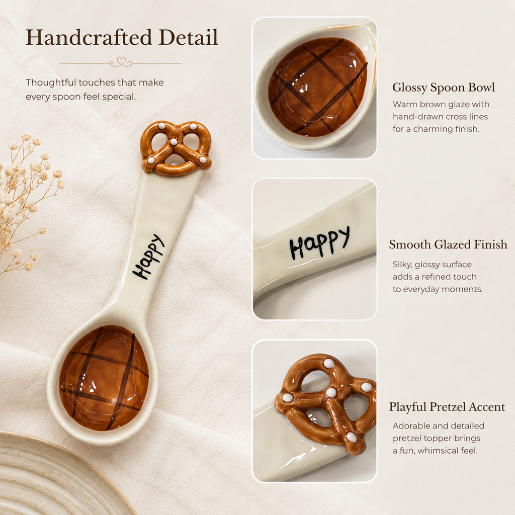 Close-up of handmade ceramic spoon with brown glazed bowl, Happy lettering and pretzel detail