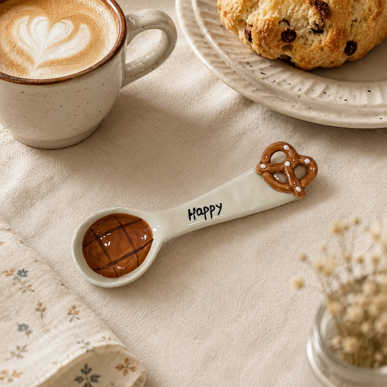 Pretzel ceramic spoon styled beside a coffee cup and pastries