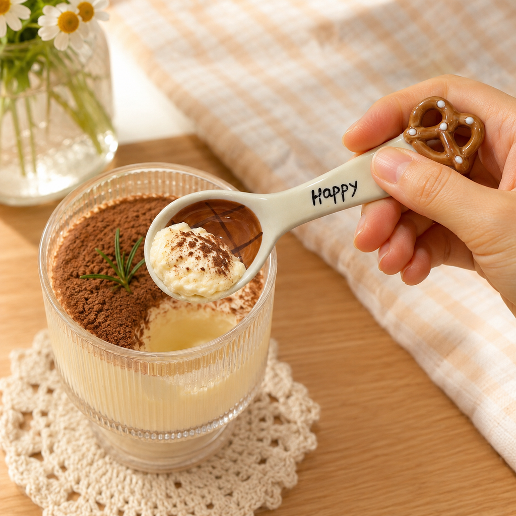 Handmade ceramic dessert spoon serving a creamy dessert