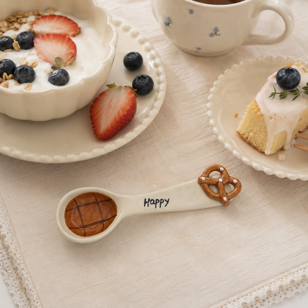 Pretzel ceramic spoon styled with yogurt, berries, cake and coffee