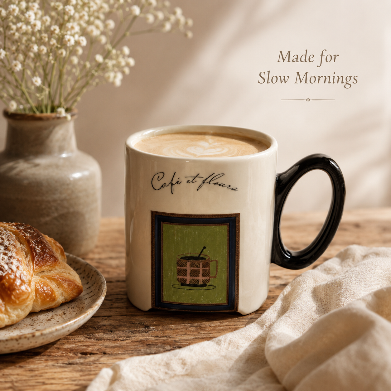 Café et Fleurs Ceramic Mug | 13.5 oz Double-Sided Coffee Mug