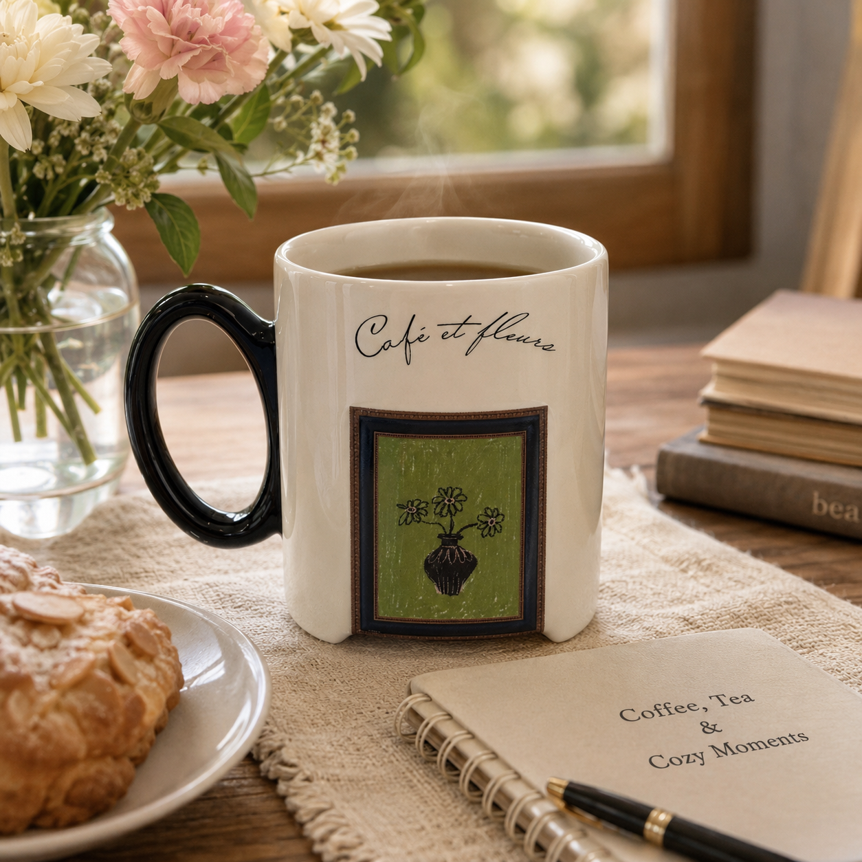 Café et Fleurs Ceramic Mug | 13.5 oz Double-Sided Coffee Mug