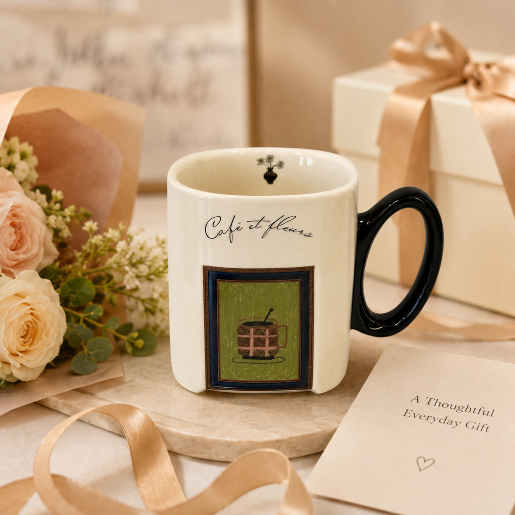 Café et Fleurs Ceramic Mug | 13.5 oz Double-Sided Coffee Mug