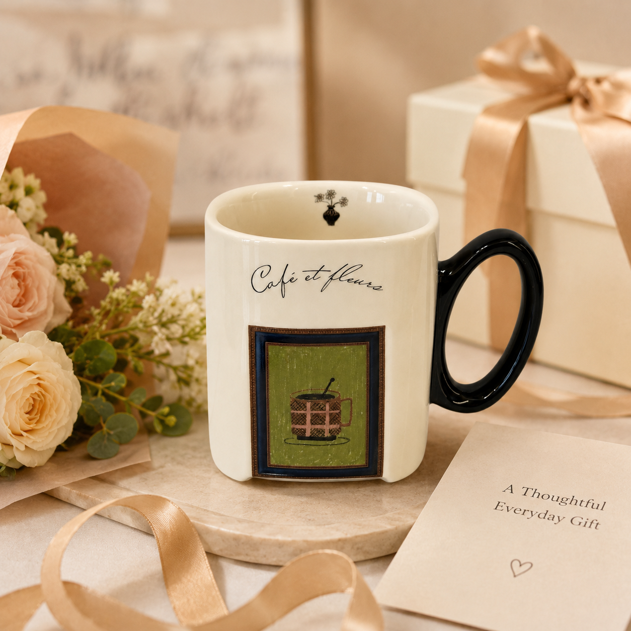 Café et Fleurs Ceramic Mug | 13.5 oz Double-Sided Coffee Mug